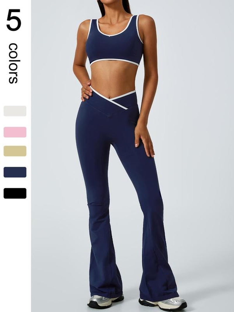 2 Piece Set Women'S Sports Suit Cross High Waisted Flared Pants Wide Leg Pants Contrasting Color Backless Bra Pants Set Yoga Suit Gym Sports Training Tennis Golf Running Four Season Fashionable Sports Suit Set