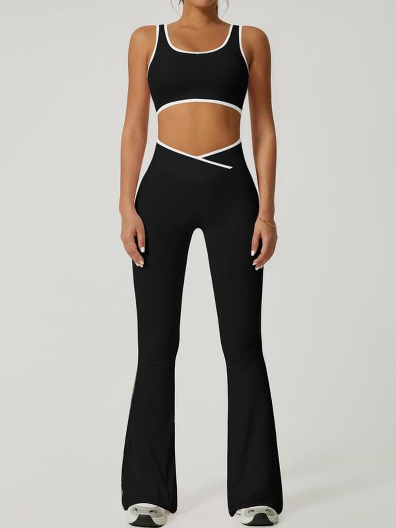 2 Piece Set Women'S Sports Suit Cross High Waisted Flared Pants Wide Leg Pants Contrasting Color Backless Bra Pants Set Yoga Suit Gym Sports Training Tennis Golf Running Four Season Fashionable Sports Suit Set