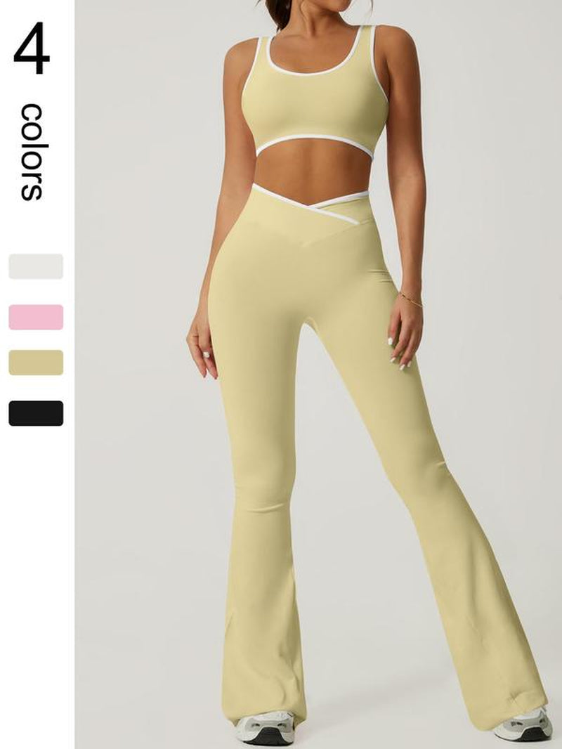2 Piece Set Women'S Sports Suit Cross High Waisted Flared Pants Wide Leg Pants Contrasting Color Backless Bra Pants Set Yoga Suit Gym Sports Training Tennis Golf Running Four Season Fashionable Sports Suit Set