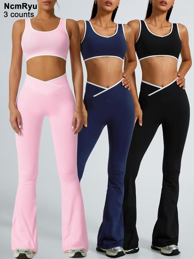 2 Piece Set Women'S Sports Suit Cross High Waisted Flared Pants Wide Leg Pants Contrasting Color Backless Bra Pants Set Yoga Suit Gym Sports Training Tennis Golf Running Four Season Fashionable Sports Suit Set