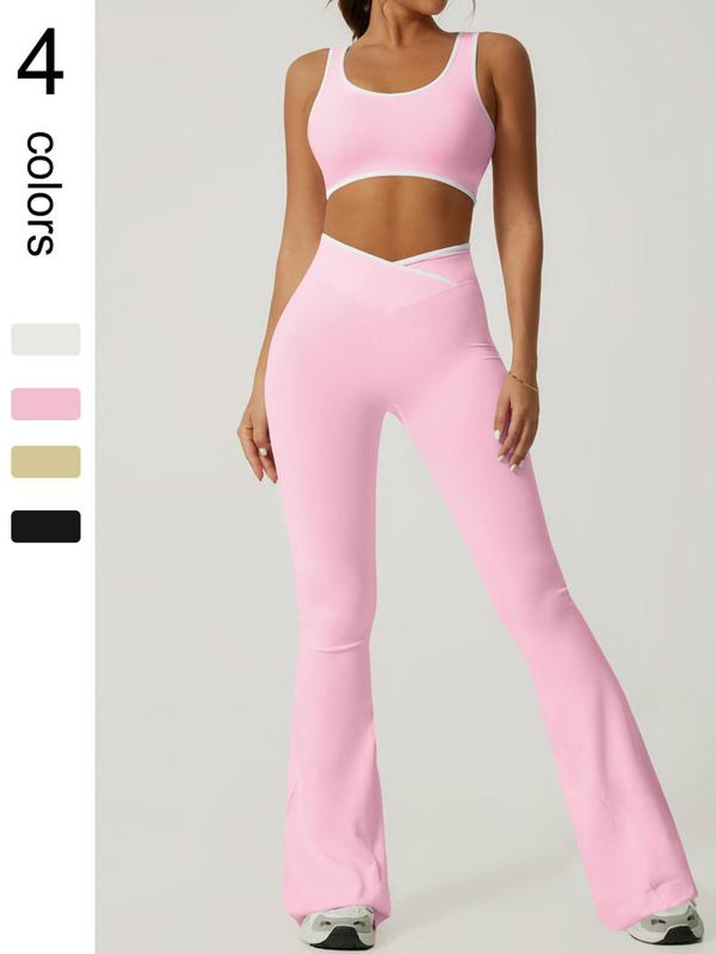 2 Piece Set Women'S Sports Suit Cross High Waisted Flared Pants Wide Leg Pants Contrasting Color Backless Bra Pants Set Yoga Suit Gym Sports Training Tennis Golf Running Four Season Fashionable Sports Suit Set