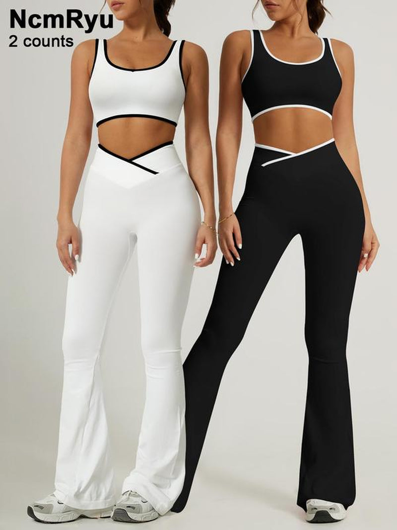 2 Piece Set Women'S Sports Suit Cross High Waisted Flared Pants Wide Leg Pants Contrasting Color Backless Bra Pants Set Yoga Suit Gym Sports Training Tennis Golf Running Four Season Fashionable Sports Suit Set