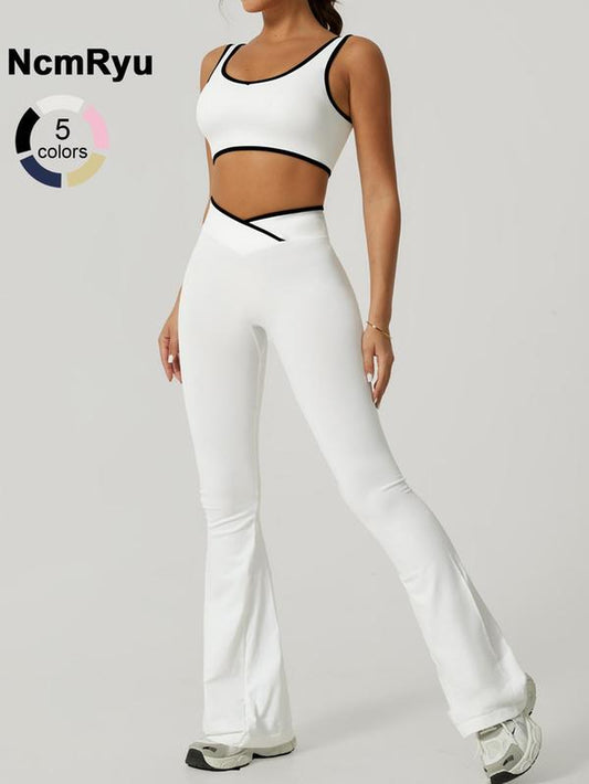 2 Piece Set Women'S Sports Suit Cross High Waisted Flared Pants Wide Leg Pants Contrasting Color Backless Bra Pants Set Yoga Suit Gym Sports Training Tennis Golf Running Four Season Fashionable Sports Suit Set
