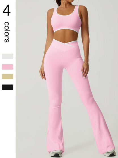 2 Piece Set Women'S Sports Suit Cross High Waisted Flared Pants Wide Leg Pants Contrasting Color Backless Bra Pants Set Yoga Suit Gym Sports Training Tennis Golf Running Four Season Fashionable Sports Suit Set